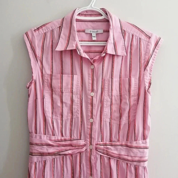 Derek Lam 10 Crosby Pink Striped Fit and Flare Shirt Dress Gathered Waist 6 - Picture 6 of 15
